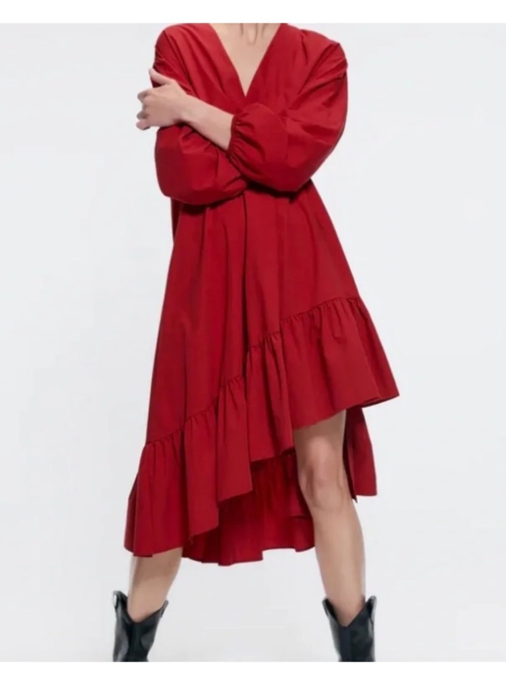 Zara V neck high low midi dress with ruffled hem